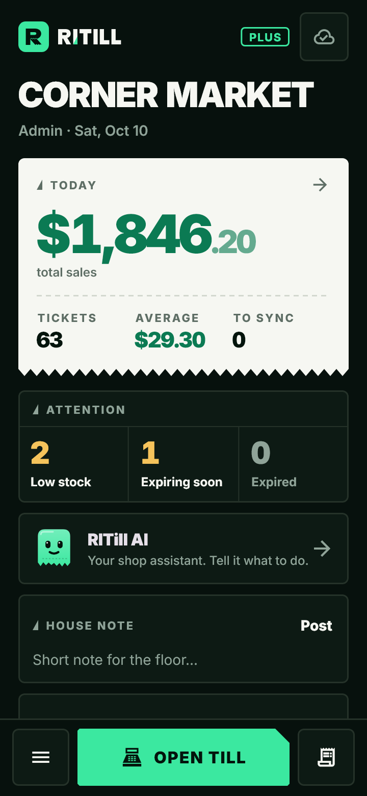 Home: today's sales, attention list and RITill AI