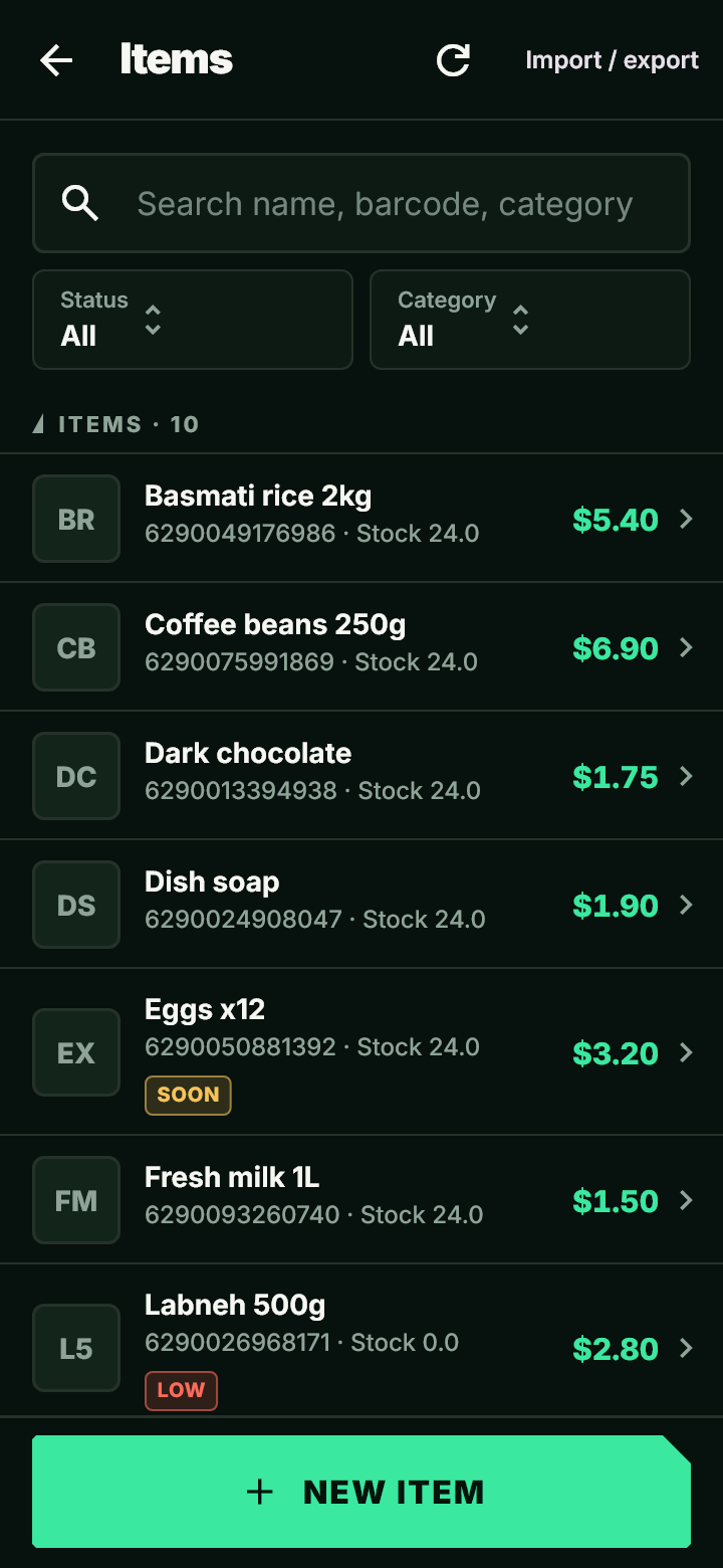 Items: prices, stock and expiry